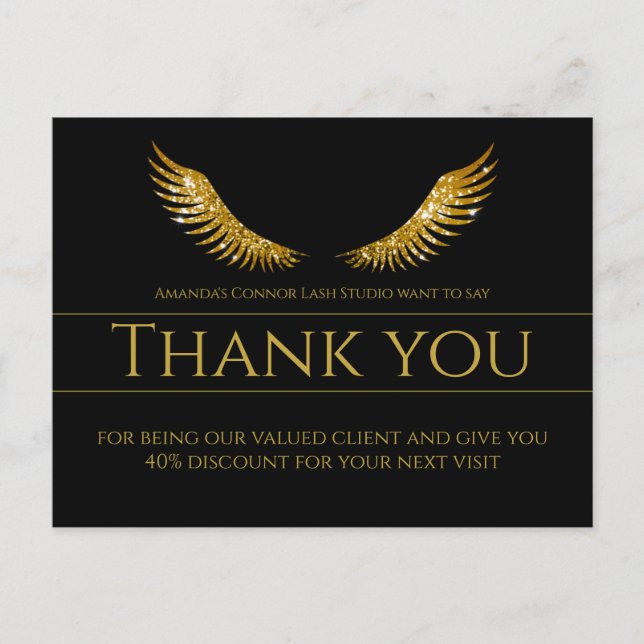 Gold Lash Wings Thank You Bold Black Postcard (Front)