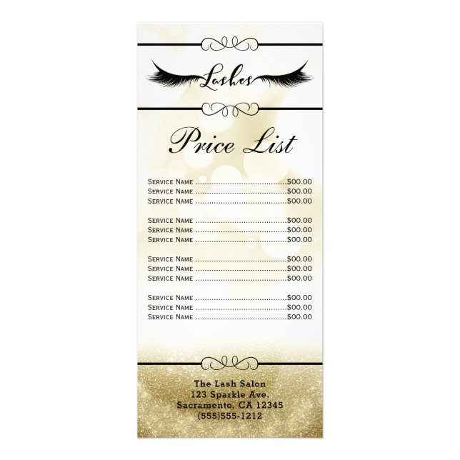 Gold Lashes Eyelash Extensions Beauty Salon Price Rack Card (Front)