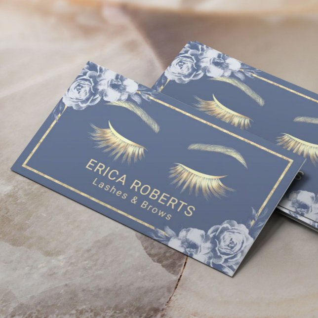 Gold Lashes Makeup Artist Blue Floral Beauty Salon Business Card (Creator Uploaded)