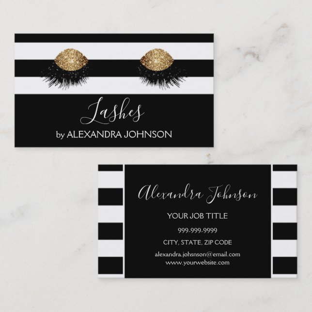 Gold Lashes Sparkly with Black and White Stripe Business Card (Front/Back)