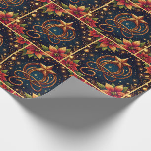 Gold Lasso and Star With Poinsettias Christmas Wrapping Paper