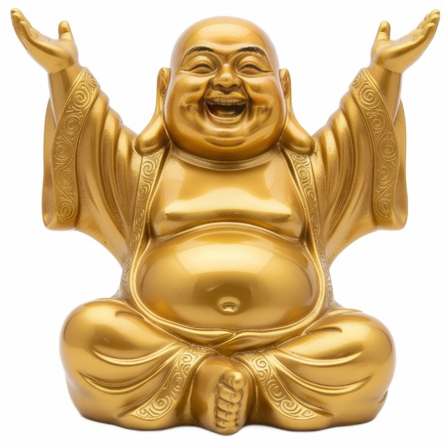 Gold Laughing Buddha Raised Hands 2D Budai Statue Standing Photo Sculpture (Front)