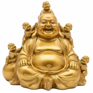 Gold Laughing Buddha with Children 2D Budai Standing Photo Sculpture