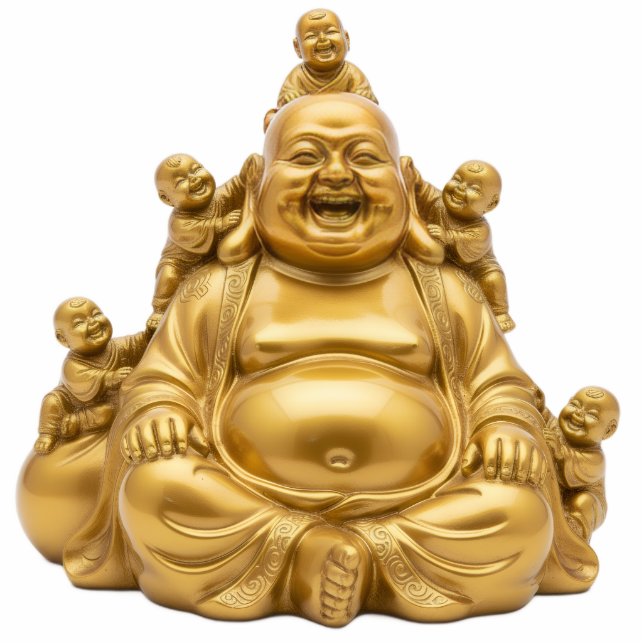 Gold Laughing Buddha with Children 2D Budai Standing Photo Sculpture (Front)