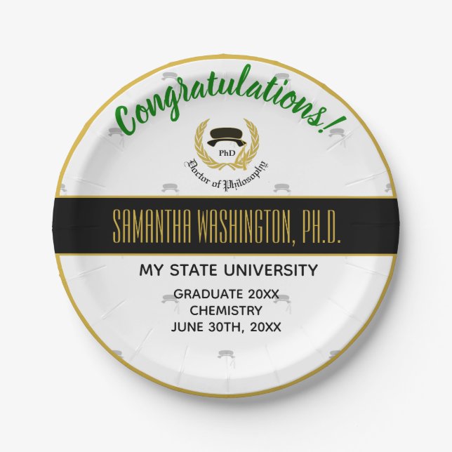 Gold Laurel Doctor Degree PhD Graduation Party Paper Plate (Front)