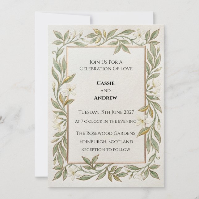 Gold Laurel Greenery Wedding Invitation (Front)