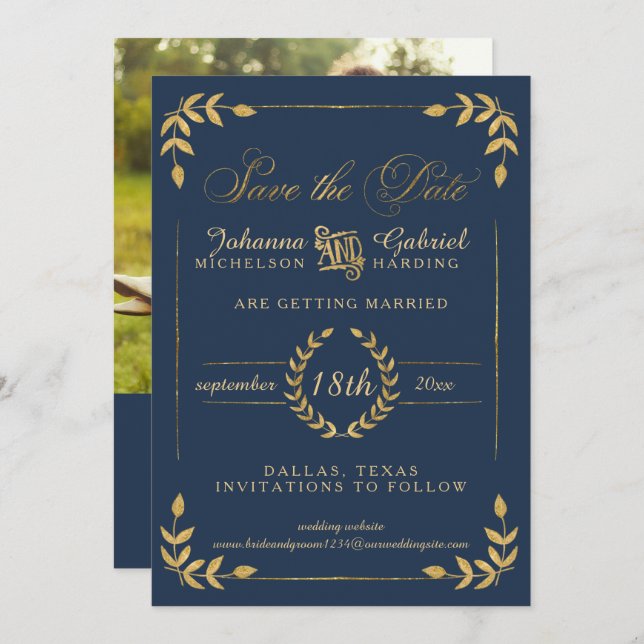 Gold Laurel Leaf Navy Photo Save the Date (Front/Back)