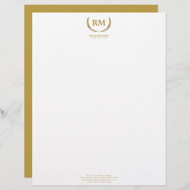 Gold Laurel Leaves | Elegant Initial on white Custom Letterhead (Front/Back)