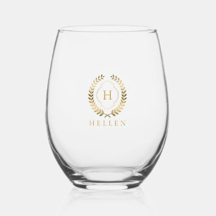 Gold Laurel Wreath Badge Custom Name Stemless Wine Glass