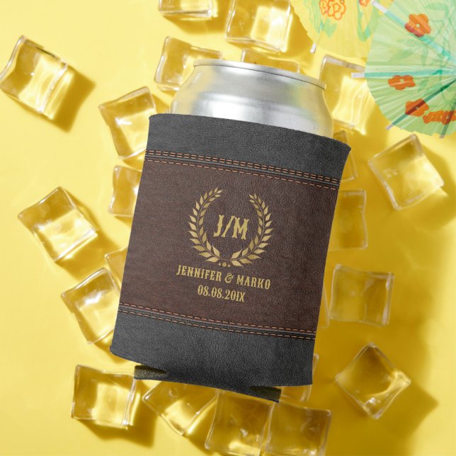 Gold Laurel Wreath Brown & Black Stitched Leather Can Cooler (In Situ Summer)