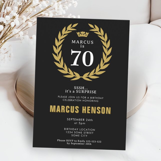 Gold Laurel Wreath Crown 70th Birthday Surprise Invitation (Creator Uploaded)