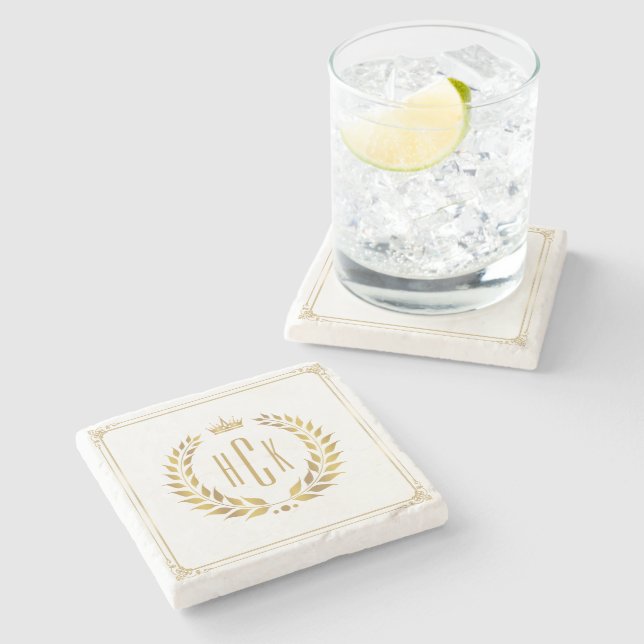 Gold Laurel Wreath Custom Monogram Stone Coaster (Side)