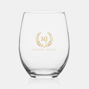 Gold Laurel Wreath Gold Monogram And Name Stemless Wine Glass