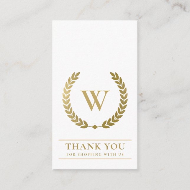 GOLD LAUREL WREATH INITIAL LOGO BUSINESS THANK YOU BUSINESS CARD (Front)