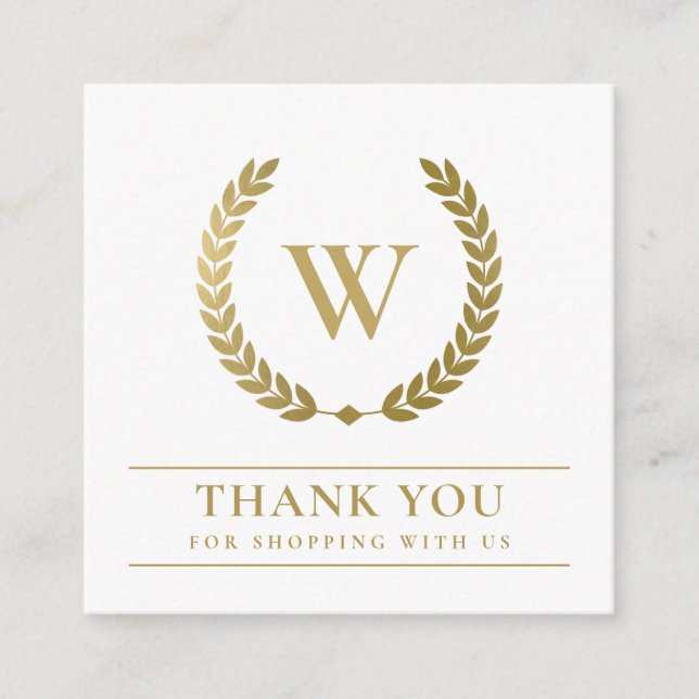GOLD LAUREL WREATH INITIAL LOGO BUSINESS THANK YOU SQUARE BUSINESS CARD (Front)