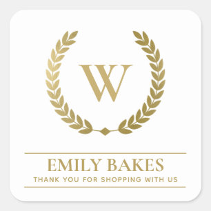 GOLD LAUREL WREATH INITIAL LOGO BUSINESS THANK YOU SQUARE STICKER