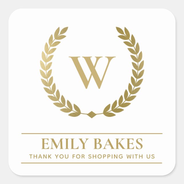 GOLD LAUREL WREATH INITIAL LOGO BUSINESS THANK YOU SQUARE STICKER (Front)