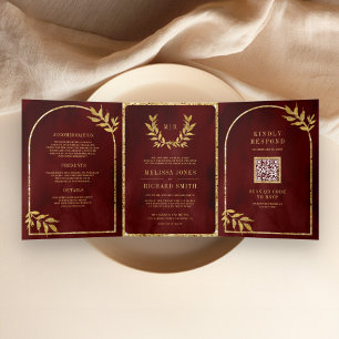 Gold Laurel Wreath Leaves Burgundy Red Wedding Tri-Fold Invitation