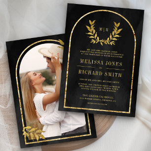 Gold Laurel Wreath Leaves Charcoal Grey Wedding Invitation