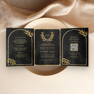 Gold Laurel Wreath Leaves Charcoal Grey Wedding Tri-Fold Invitation