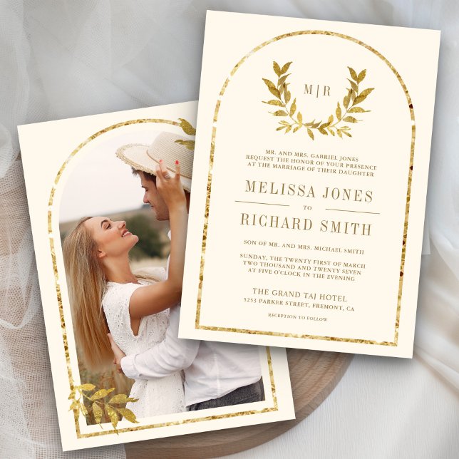 Gold Laurel Wreath Leaves Cream Wedding Invitation (Creator Uploaded)