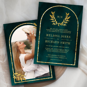 Gold Laurel Wreath Leaves Dark Teal Wedding Invitation