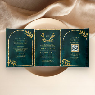 Gold Laurel Wreath Leaves Dark Teal Wedding Tri-Fold Invitation