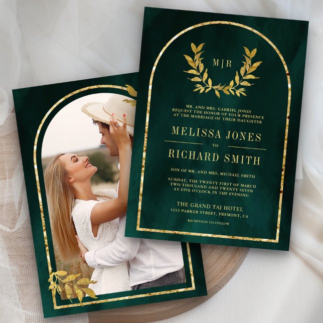 Gold Laurel Wreath Leaves Emerald Green Wedding Invitation (Creator Uploaded)