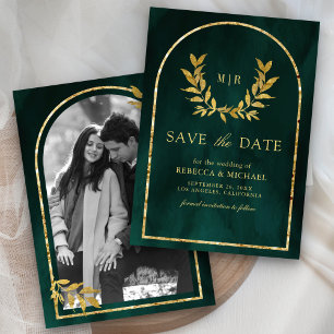 Gold Laurel Wreath Leaves Emerald Green Wedding Save The Date