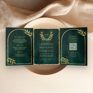 Gold Laurel Wreath Leaves Emerald Green Wedding Tri-Fold Invitation