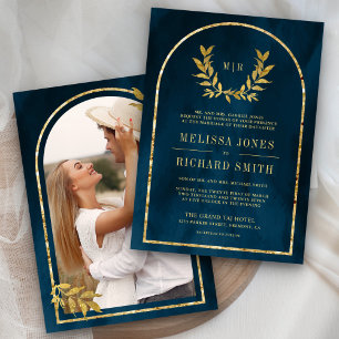 Gold Laurel Wreath Leaves Ocean Blue Wedding Invitation