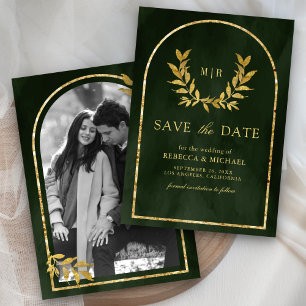 Gold Laurel Wreath Leaves Olive Green Wedding Save The Date