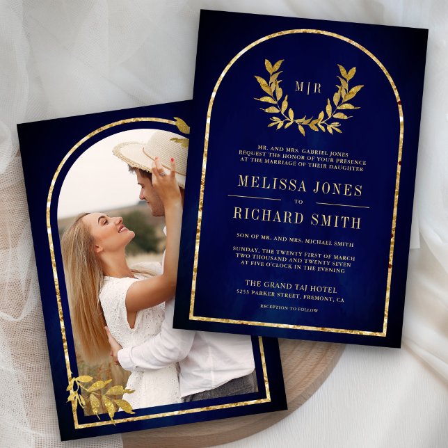 Gold Laurel Wreath Leaves Royal Blue Wedding Invitation (Creator Uploaded)