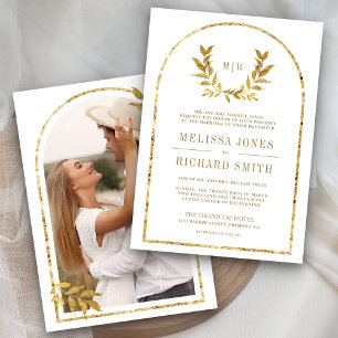 Gold Laurel Wreath Leaves White Wedding Invitation