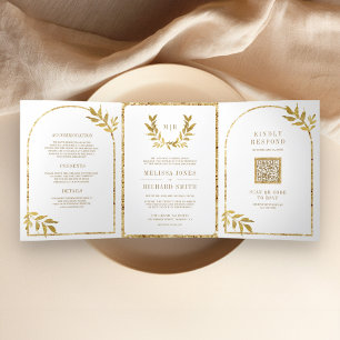 Gold Laurel Wreath Leaves White Wedding Tri-Fold Invitation