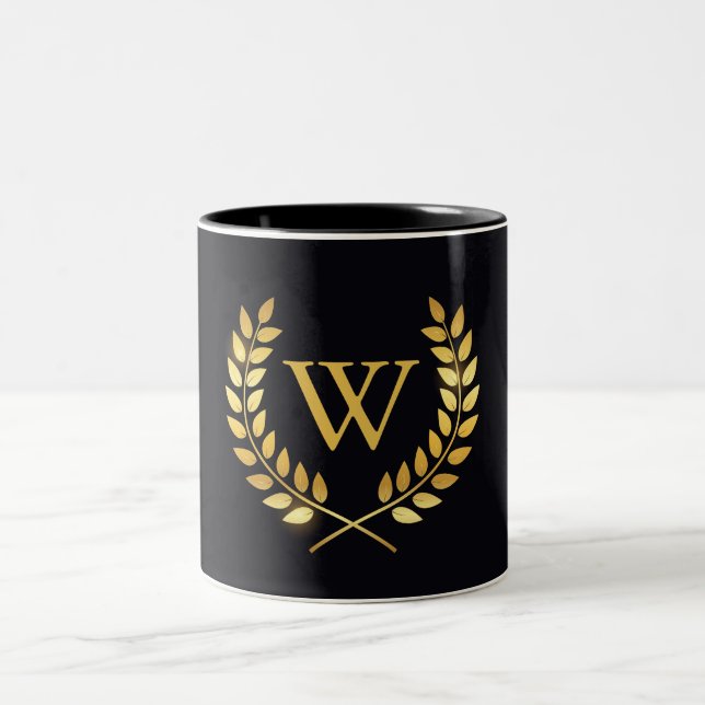 Gold Laurel Wreath Monogram Two-Tone Coffee Mug (Center)