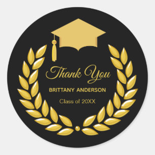 Gold Laurel Wreath Thank You Graduation on Black Classic Round Sticker