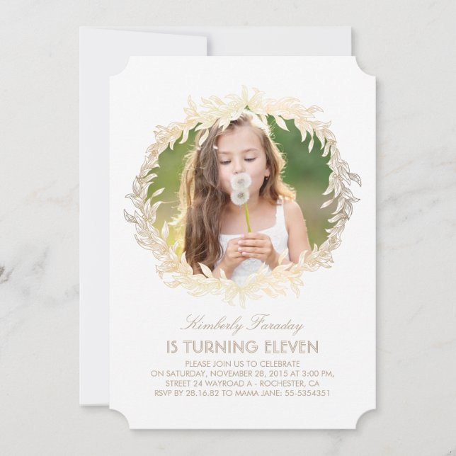 Gold Laurel Wreath White Elegant Photo Birthday Invitation (Front)