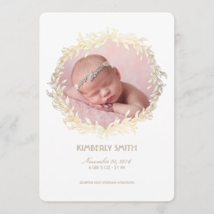 Gold Laurel Wreath White Newborn Baby Photo Birth Announcement