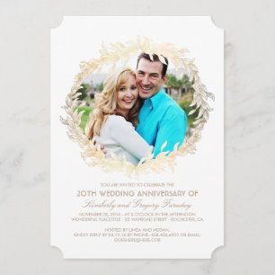 Gold Laurel Wreath White Photo Wedding Anniversary Invitation