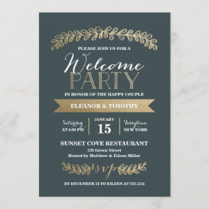 Gold Laurels Slate Wedding Welcome Party Invite
