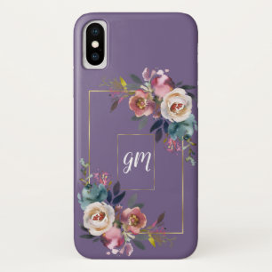 Gold Lavender Dusty Blue Pink Floral Monogram iPhone X Case