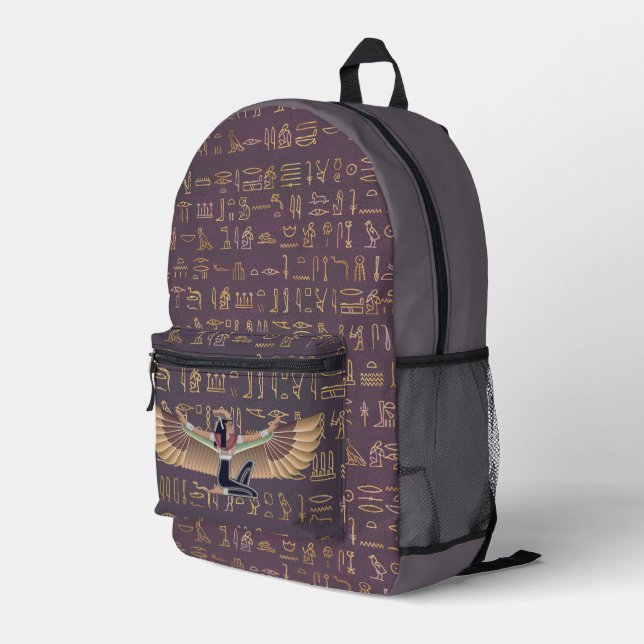 Gold Lavender Egyptian Princess Hieroglyphs Printed Backpack (Back Corner Right)