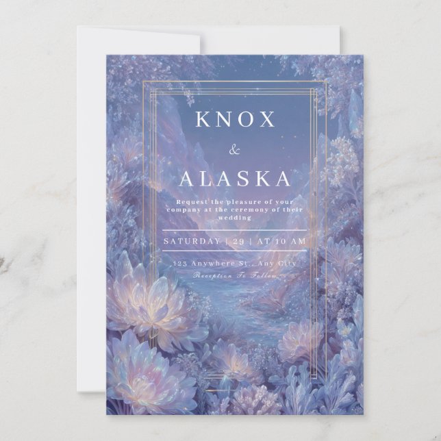 Gold Lavender Periwinkle Crystal Fantasy Wedding Invitation (Front)