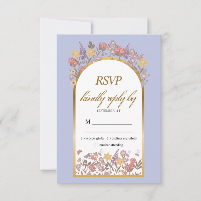 Gold Lavender Wildflower Modern Elegant Wedding RSVP Card (Front)