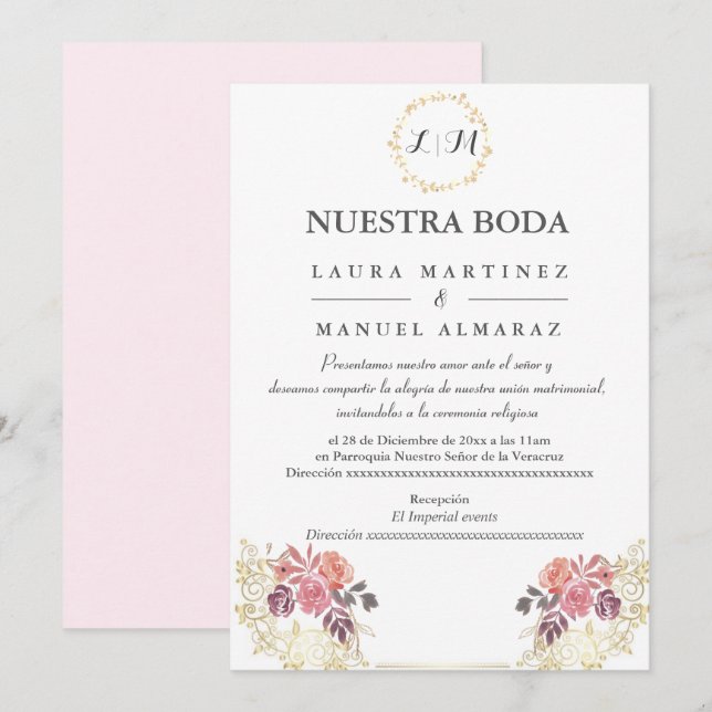 Gold Lavenderblush Floral Wedding Spanish Invitation (Front/Back)
