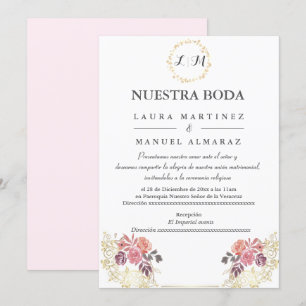 Gold Lavenderblush Floral Wedding Spanish Invitation