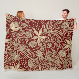 Gold Lazy Floral Pattern on Deep Red Fleece Blanket