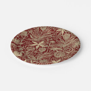 Gold Lazy Floral Pattern on Deep Red Paper Plate