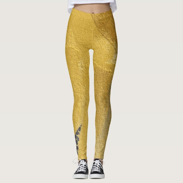 Gold leaf, abstract black design leggings (Front)